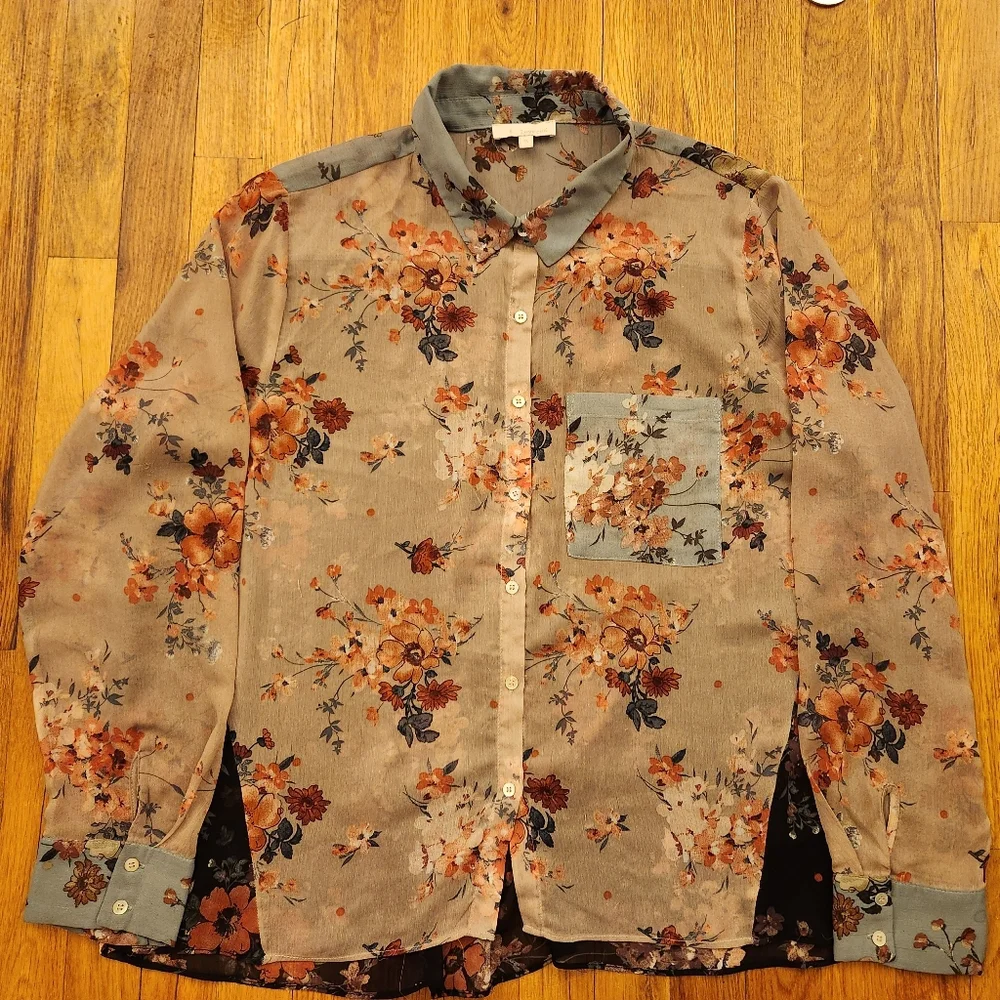 Floral Button Down Shirt in Cream and Brown - Picture 1 of 13